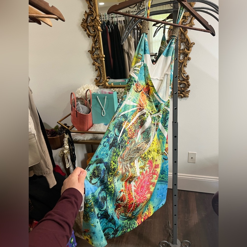 Cristinalove Turquoise and Yellow Halter Beachy Tropical Dress with Rhinestones - Picture 14 of 14